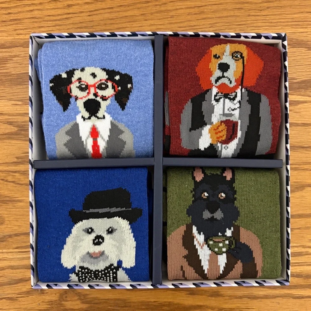 Dog & Rose Sock Company Mens 4 Pack Dapper Dog Novelty Crew Socks Gift‎ Set NEW